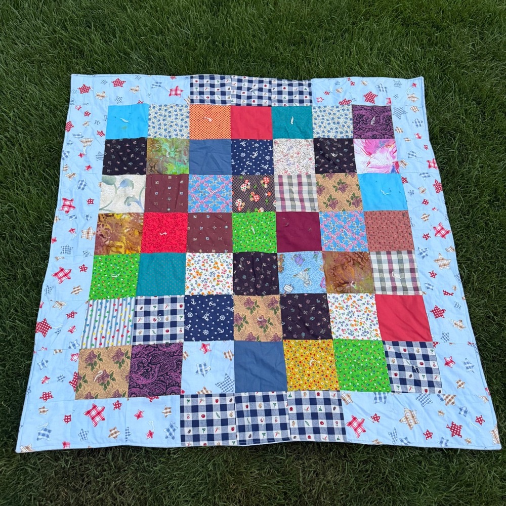 B+ Handmade Patchwork Quilt Multi Color Block Star Border Throw Blanket 48x48